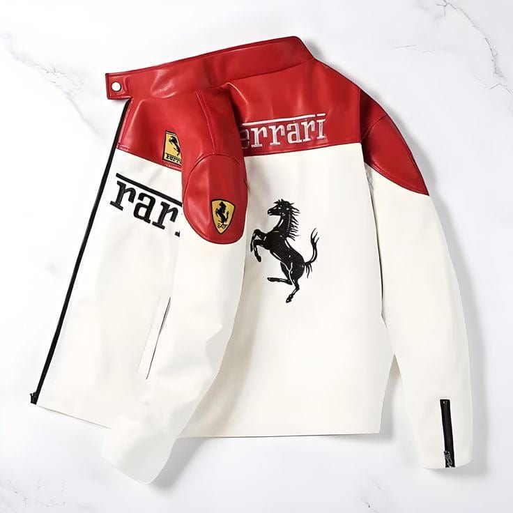 FERRARI RACING WHITE LEATHER
JACKET -
PREMIUM F1
MOTORSPORT OUTERWEAR