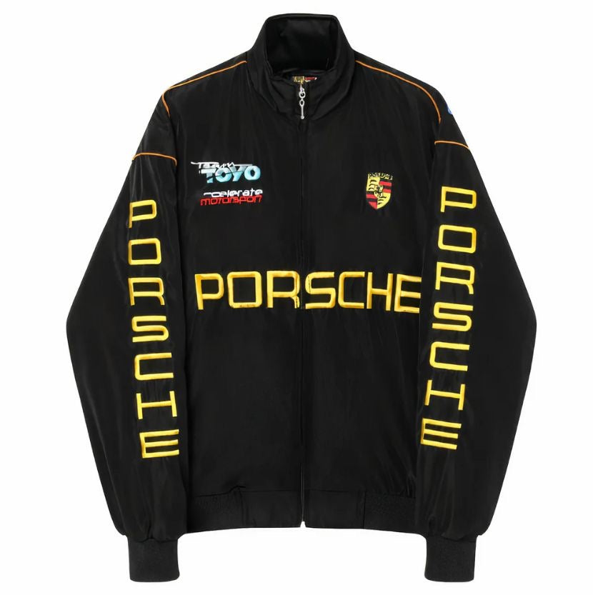 Black Embroidery Racing Style Zip-Up Jacket – Motorsport Edition