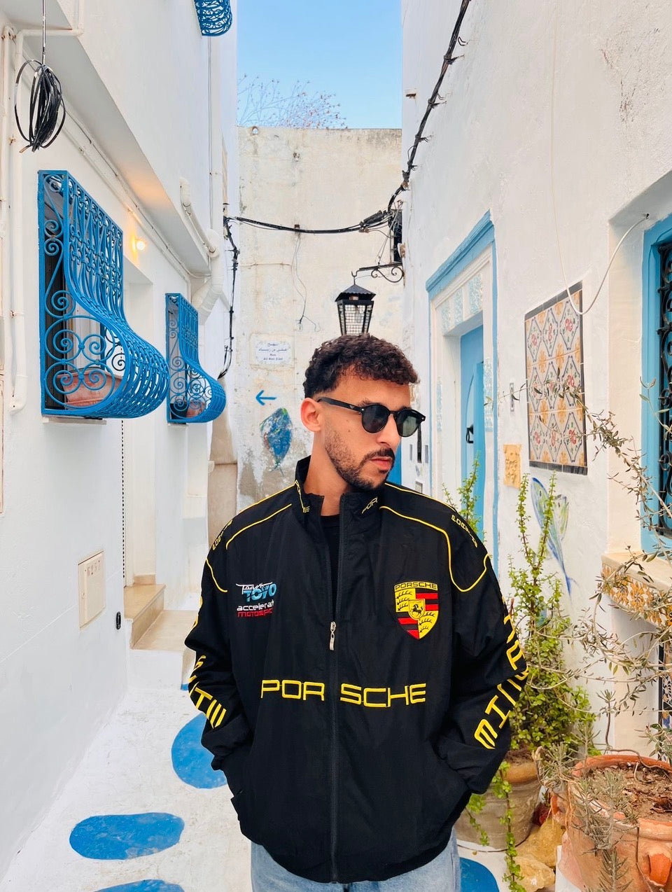 Black Embroidery Racing Style Zip-Up Jacket – Motorsport Edition